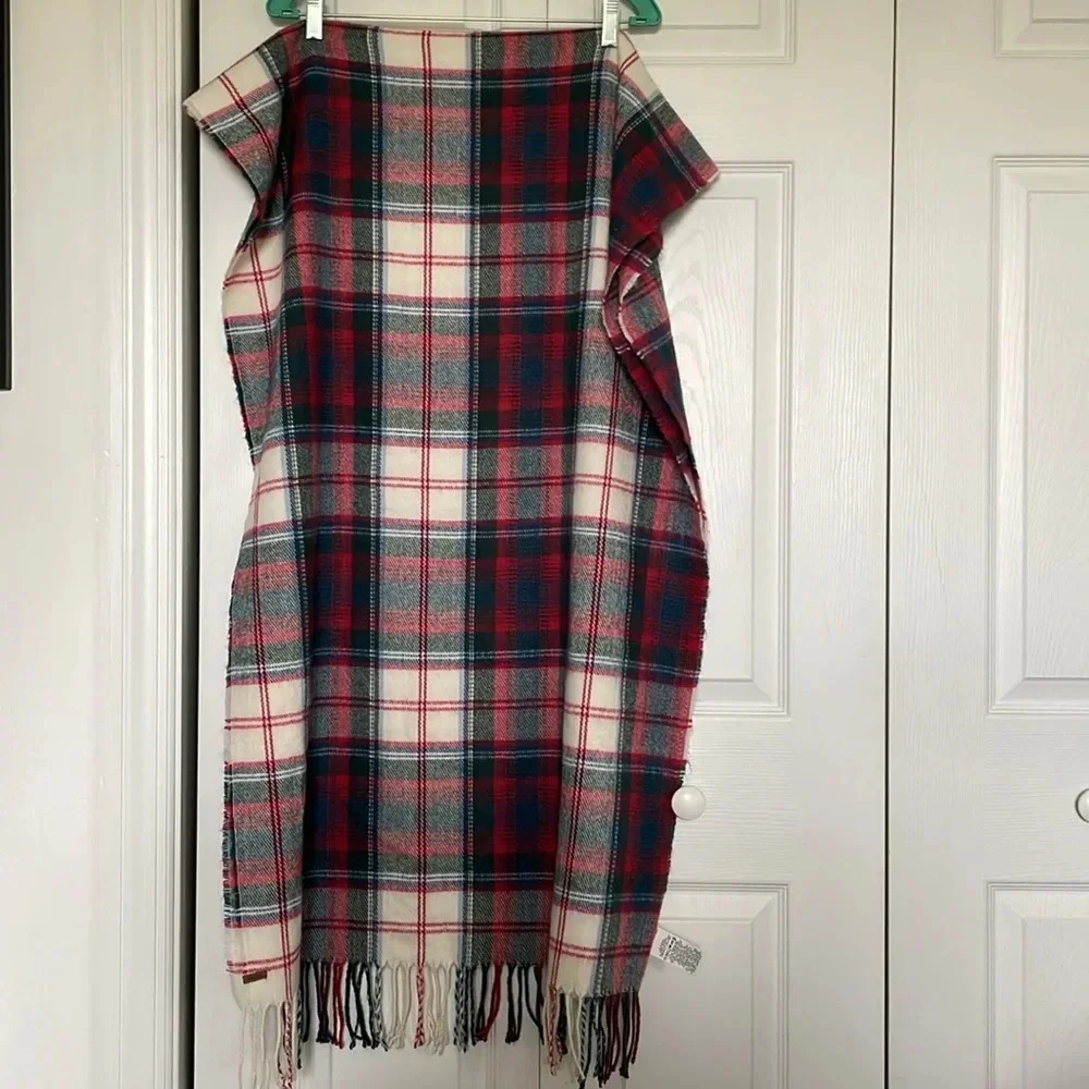Eddie Bauer pink green blue cream plaid scarf. 86”long. 26.5” wide. Fringe.